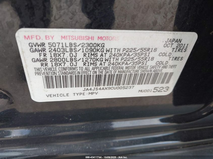 2012 Mitsubishi Outlander Gt VIN: JA4JS4AX9CU005237 Lot: 43411744