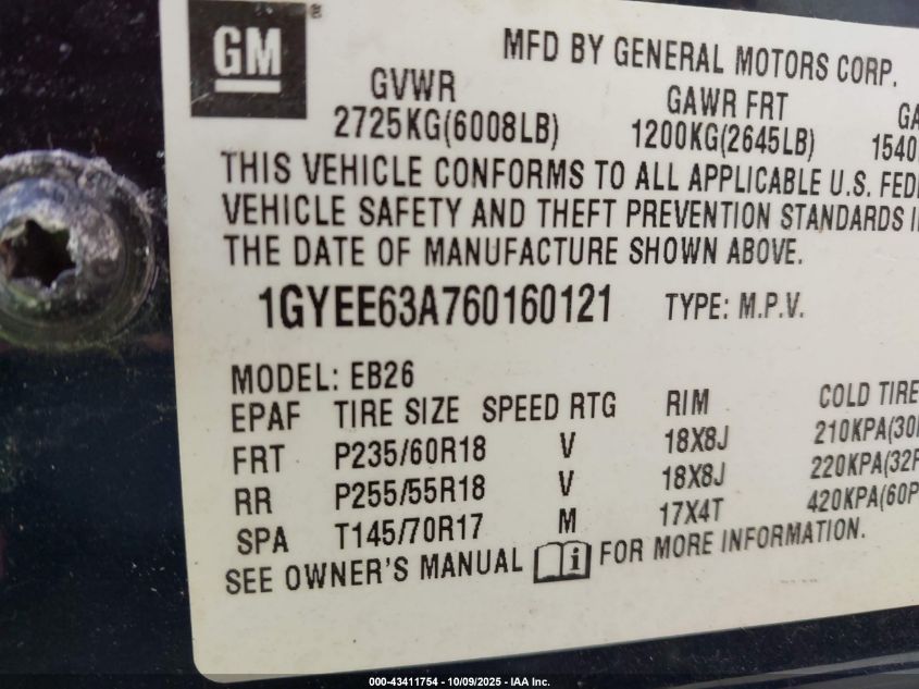 2006 Cadillac Srx V8 VIN: 1GYEE63A760160121 Lot: 43411754