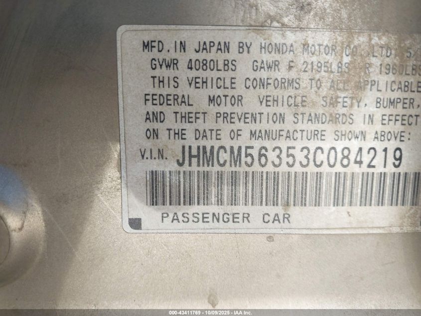 2003 Honda Accord 2.4 Lx VIN: JHMCM56353C084219 Lot: 43411769