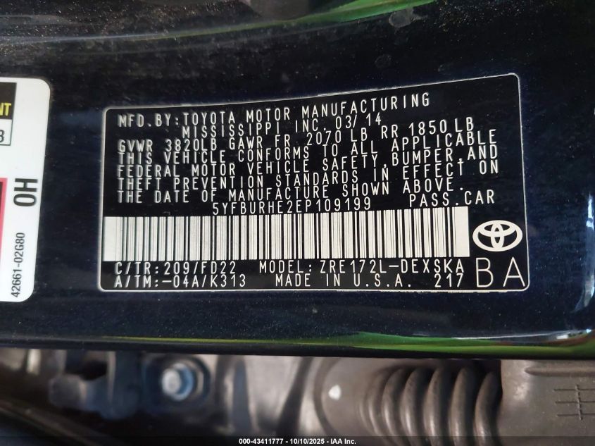 2014 Toyota Corolla S Plus VIN: 5YFBURHE2EP109199 Lot: 43411777