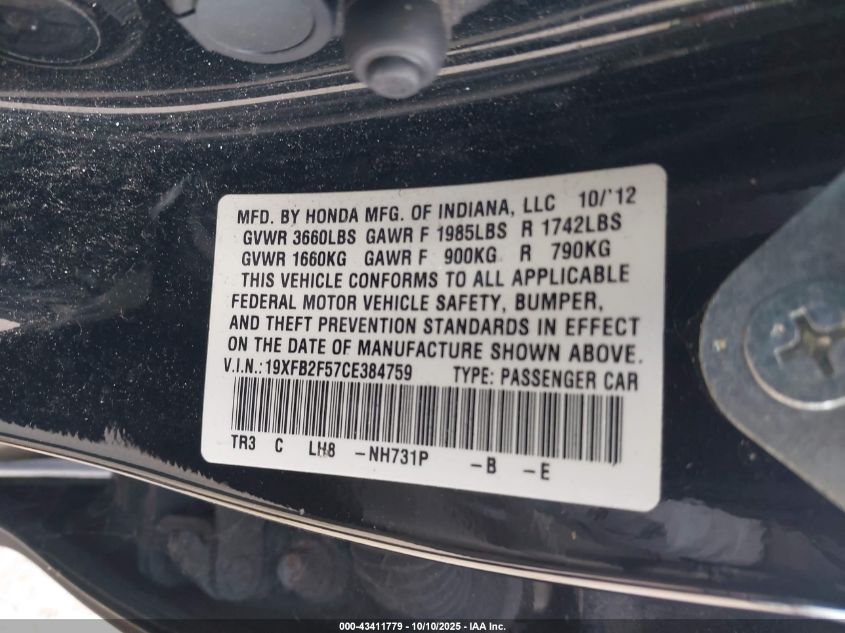 2012 Honda Civic Lx VIN: 19XFB2F57CE384759 Lot: 43411779