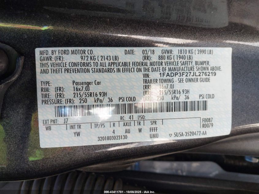 2018 Ford Focus Se VIN: 1FADP3F27JL276219 Lot: 43411781