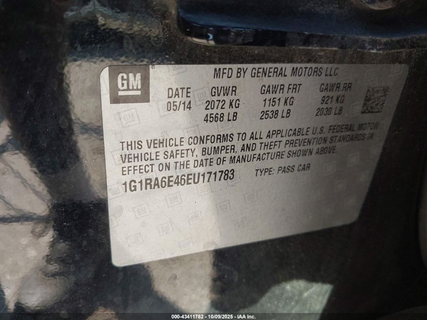 2014 Chevrolet Volt VIN: 1G1RA6E46EU171783 Lot: 43411782