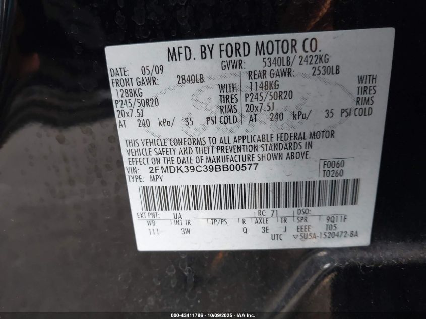 2009 Ford Edge Limited VIN: 2FMDK39C39BB00577 Lot: 43411786