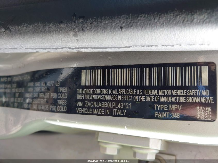 2020 Jeep Renegade Altitude Fwd VIN: ZACNJABB0LPL43121 Lot: 43411792