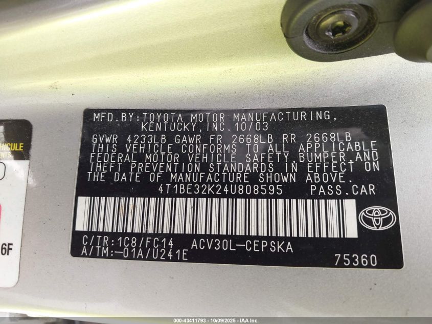 2004 Toyota Camry Se VIN: 4T1BE32K24U808595 Lot: 43411793