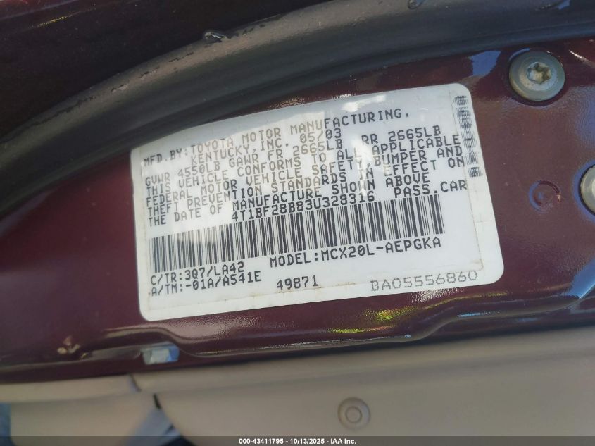 2003 Toyota Avalon Xls VIN: 4T1BF28B83U328316 Lot: 43411795