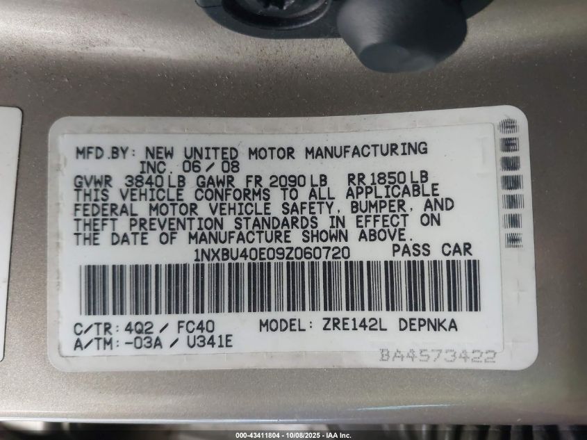 2009 Toyota Corolla Xle VIN: 1NXBU40E09Z060720 Lot: 43411804