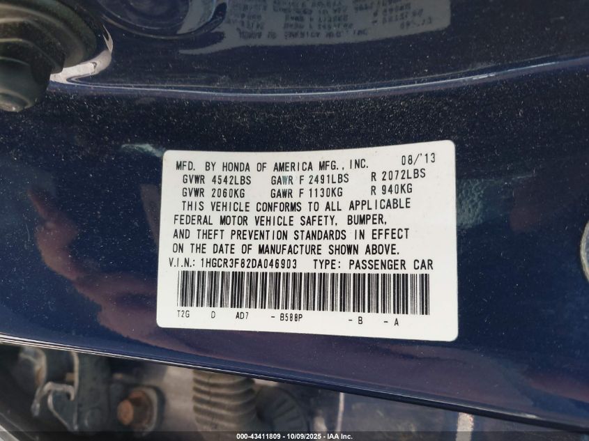 2013 Honda Accord Ex-L V-6 VIN: 1HGCR3F82DA046903 Lot: 43411809