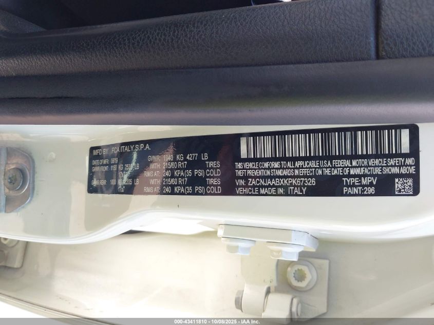 2019 Jeep Renegade Sport Fwd VIN: ZACNJAABXKPK67326 Lot: 43411810