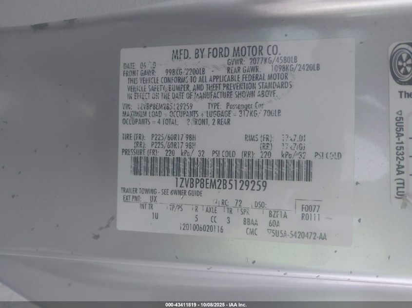 2011 Ford Mustang V6 VIN: 1ZVBP8EM2B5129259 Lot: 43411819