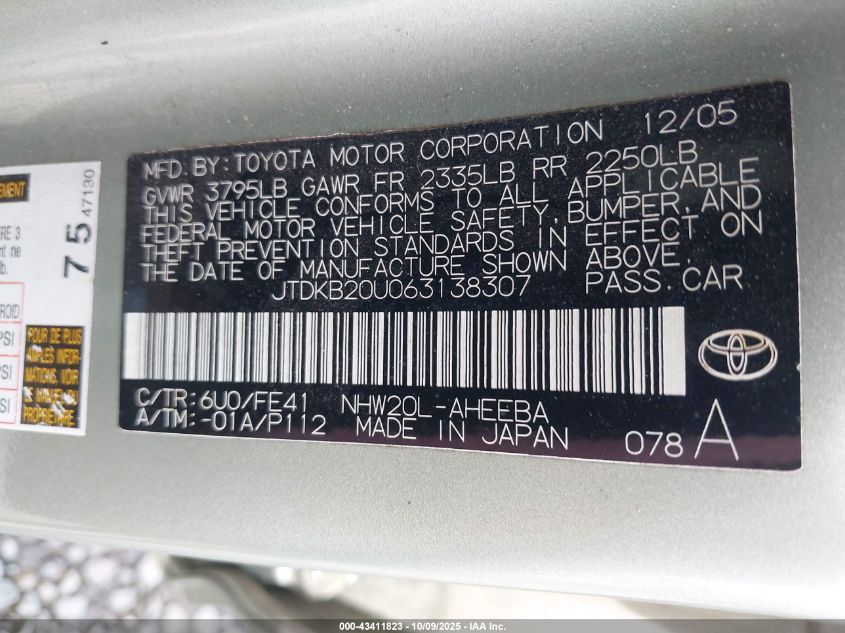 2006 Toyota Prius VIN: JTDKB20U063138307 Lot: 43411823