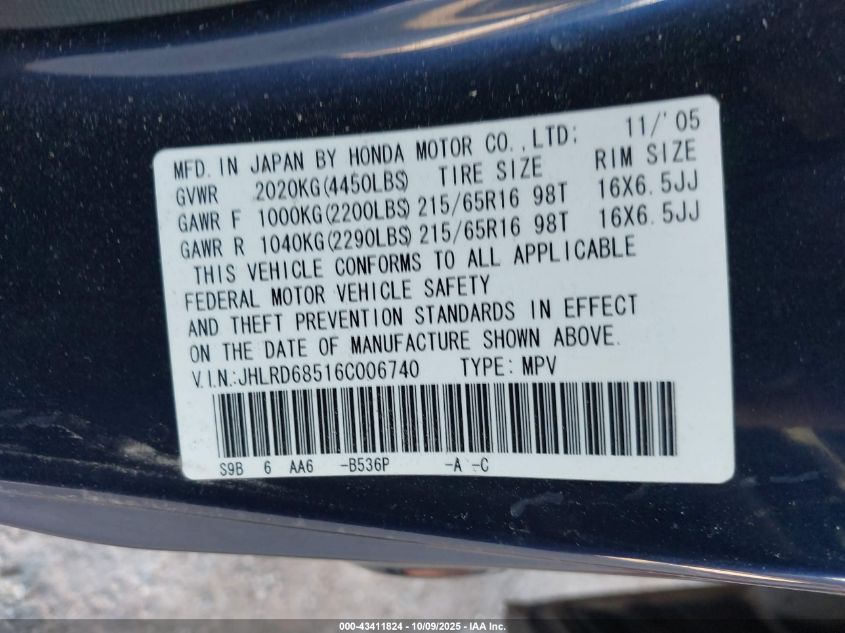 2006 Honda Cr-V Lx VIN: JHLRD68516C006740 Lot: 43411824
