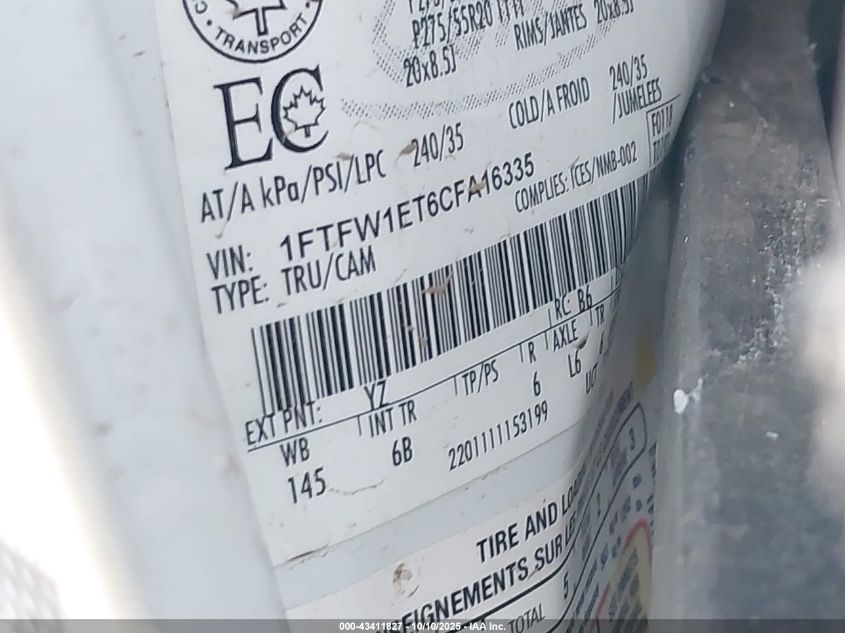 2012 Ford F-150 Fx4 VIN: 1FTFW1ET6CFA16335 Lot: 43411827