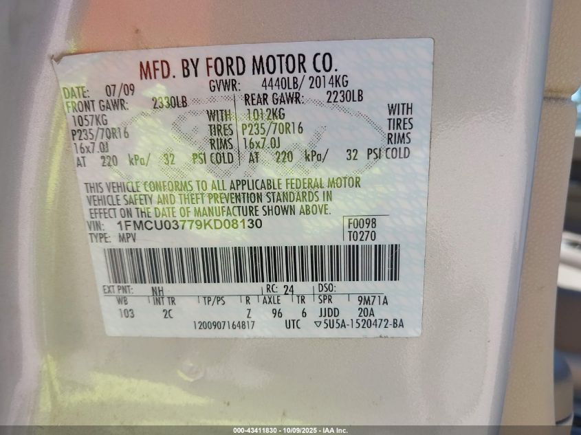 2009 Ford Escape Xlt VIN: 1FMCU03779KD08130 Lot: 43411830