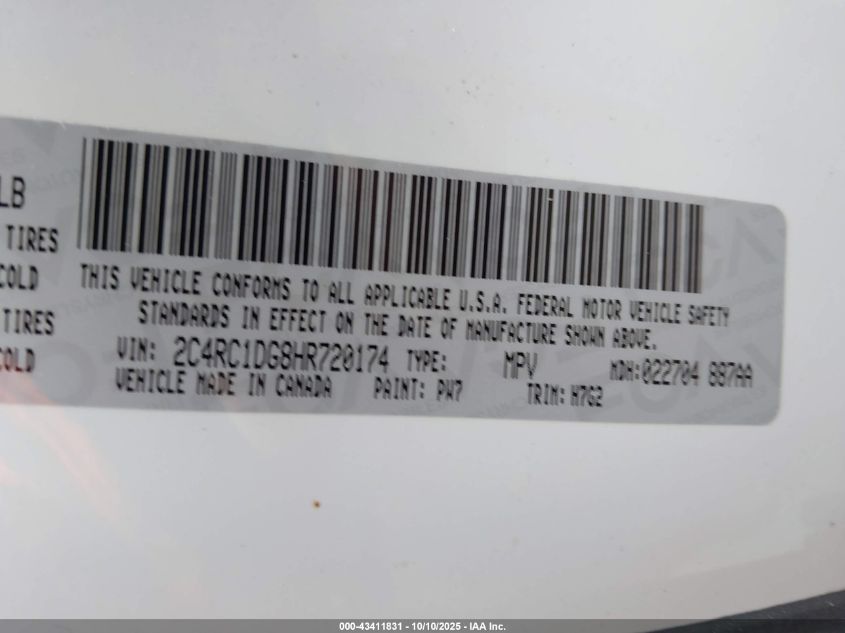 2017 Chrysler Pacifica Touring VIN: 2C4RC1DG8HR720174 Lot: 43411831