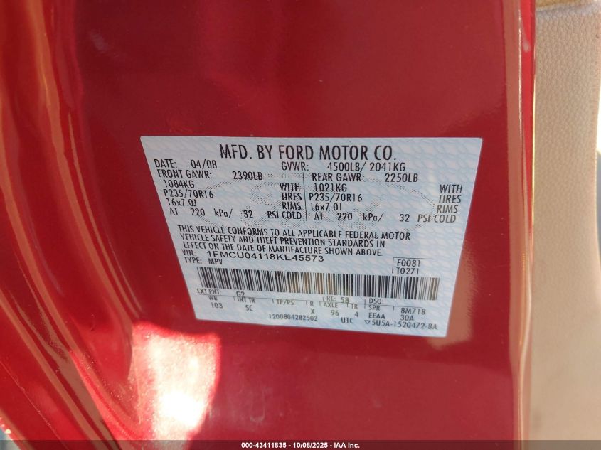 2008 Ford Escape Limited VIN: 1FMCU04118KE45573 Lot: 43411835