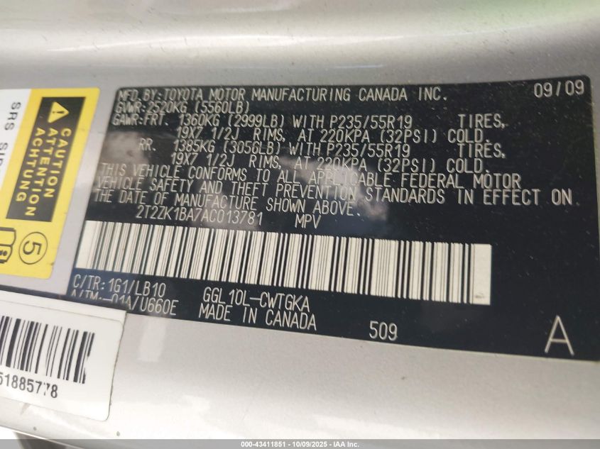 2010 Lexus Rx 350 VIN: 2T2ZK1BA7AC013781 Lot: 43411851