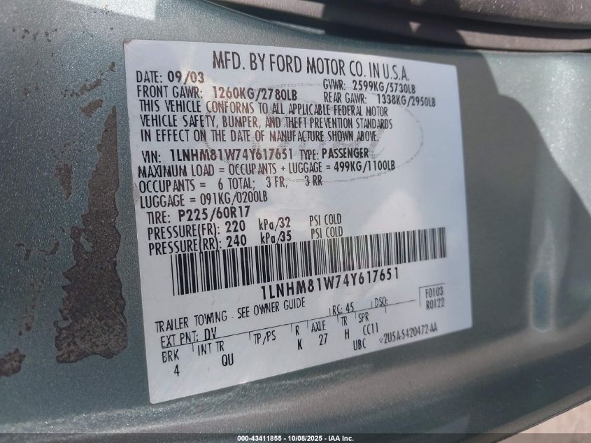 2004 Lincoln Town Car Signature VIN: 1LNHM81W74Y617651 Lot: 43411855