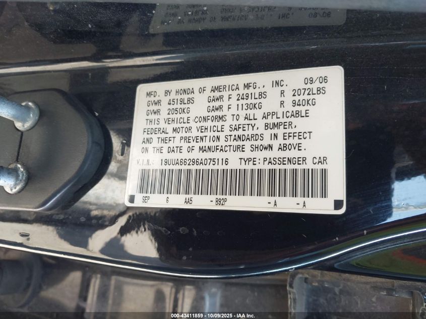 2006 Acura Tl VIN: 19UUA66296A075116 Lot: 43411859
