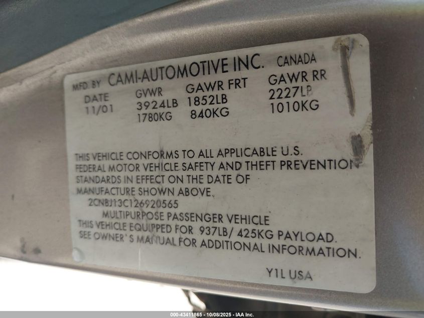 2002 Chevrolet Tracker Hard Top Base VIN: 2CNBJ13C126920565 Lot: 43411865