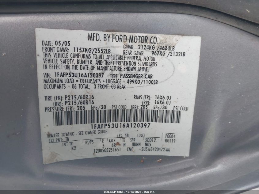 2006 Ford Taurus Se VIN: 1FAFP53U16A120397 Lot: 43411868