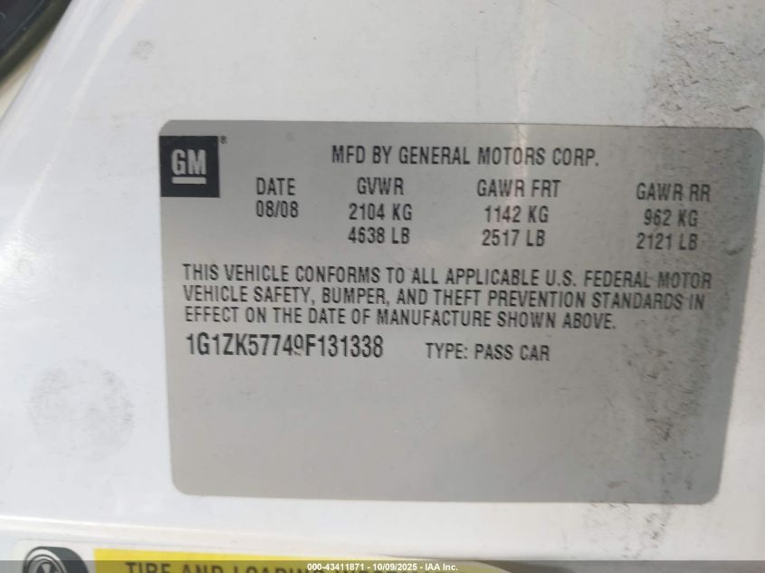 2009 Chevrolet Malibu Ltz VIN: 1G1ZK57749F131338 Lot: 43411871