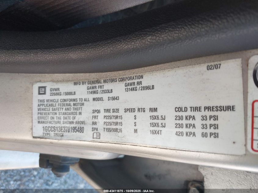 2007 Chevrolet Colorado Lt VIN: 1GCCS13E378195480 Lot: 43411875