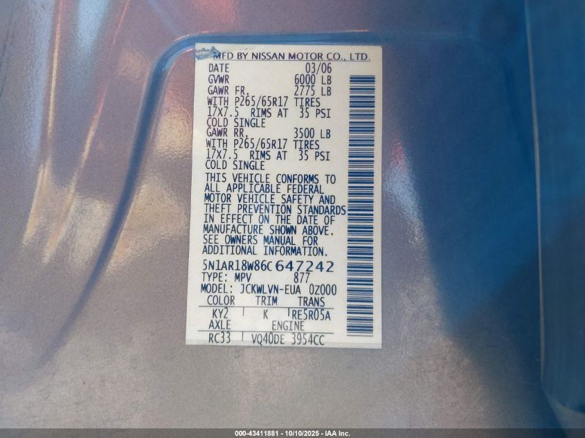 2006 Nissan Pathfinder Le VIN: 5N1AR18W86C647242 Lot: 43411881