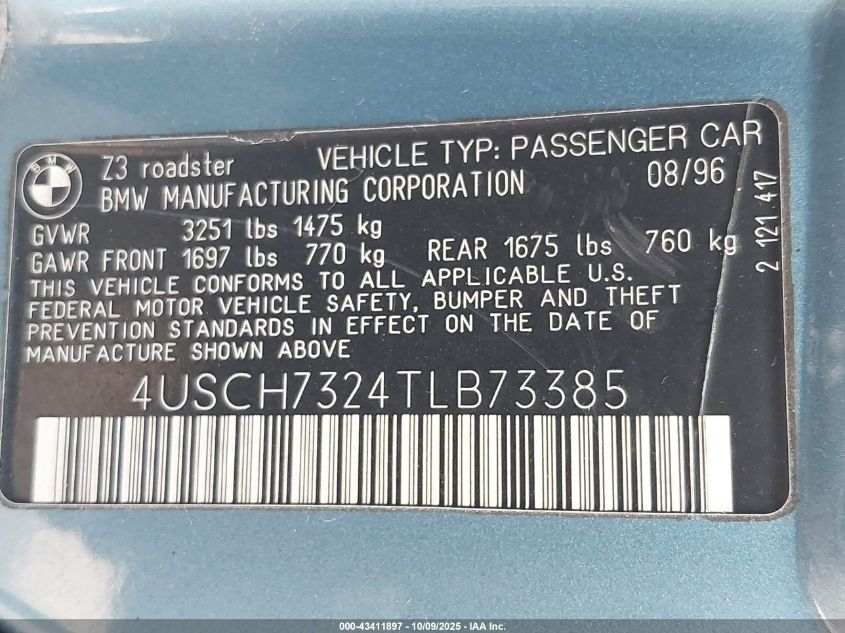 1996 BMW Z3 1.9 VIN: 4USCH7324TLB73385 Lot: 43411897