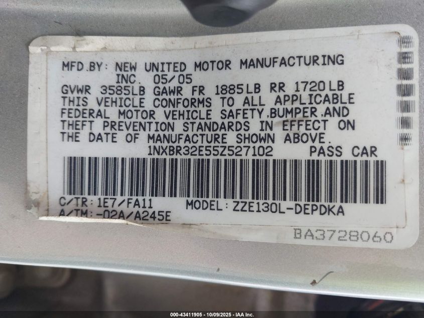 2005 Toyota Corolla Ce VIN: 1NXBR32E55Z527102 Lot: 43411905