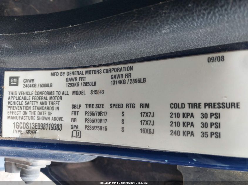 2009 Chevrolet Colorado Lt W/2Lt VIN: 1GCDS13E098119383 Lot: 43411911