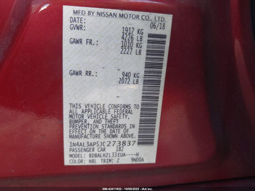 2018 Nissan Altima 2.5 Sr VIN: 1N4AL3AP5JC273837 Lot: 43411922