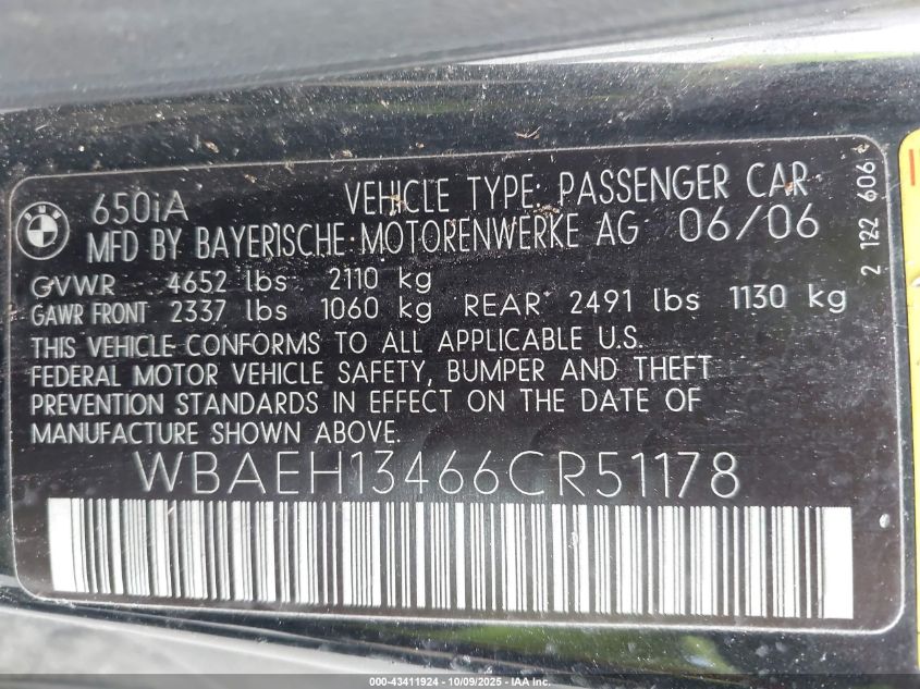 2006 BMW 650I VIN: WBAEH13466CR51178 Lot: 43411924