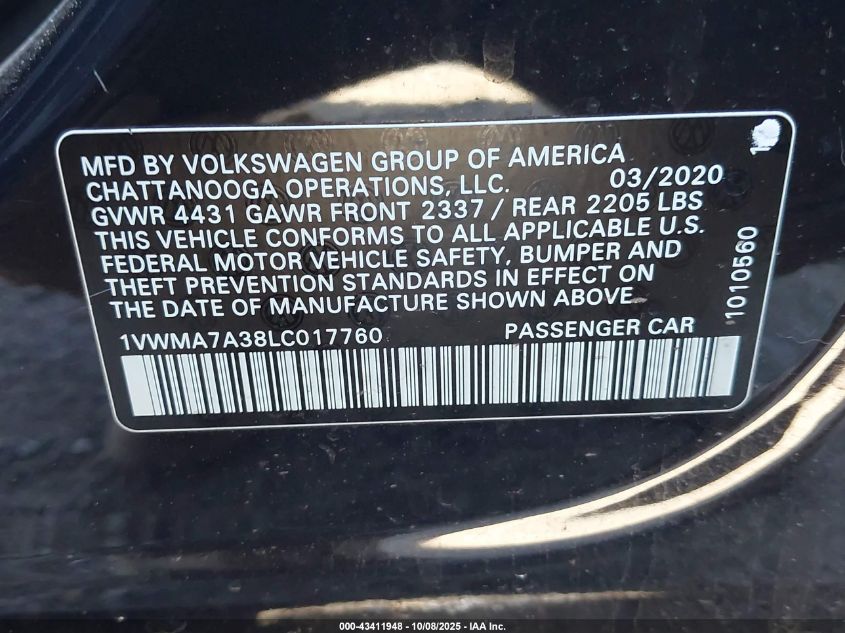 2020 Volkswagen Passat 2.0T R-Line VIN: 1VWMA7A38LC017760 Lot: 43411948