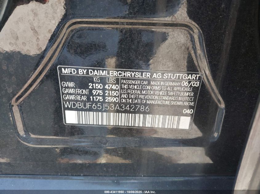 2003 Mercedes-Benz E 320 VIN: WDBUF65J53A342786 Lot: 43411950