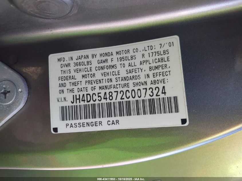 2002 Acura Rsx VIN: JH4DC54872C007324 Lot: 43411953