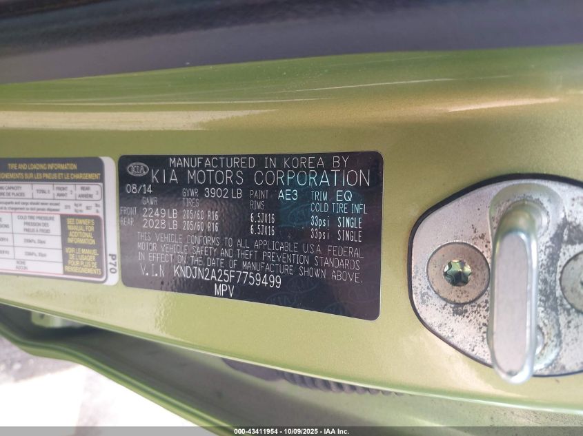 2015 Kia Soul VIN: KNDJN2A25F7759499 Lot: 43411954