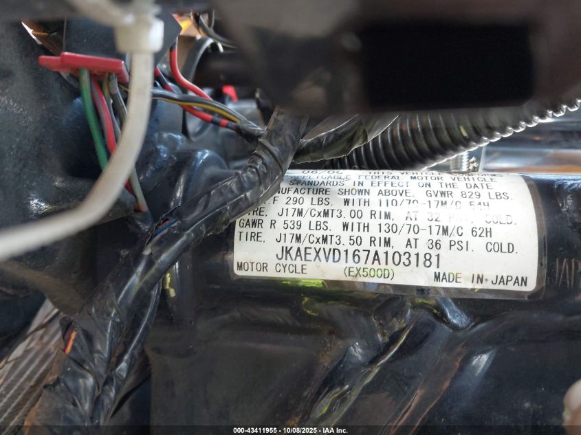 2007 Kawasaki Ex500 D VIN: JKAEXVD167A103181 Lot: 43411955
