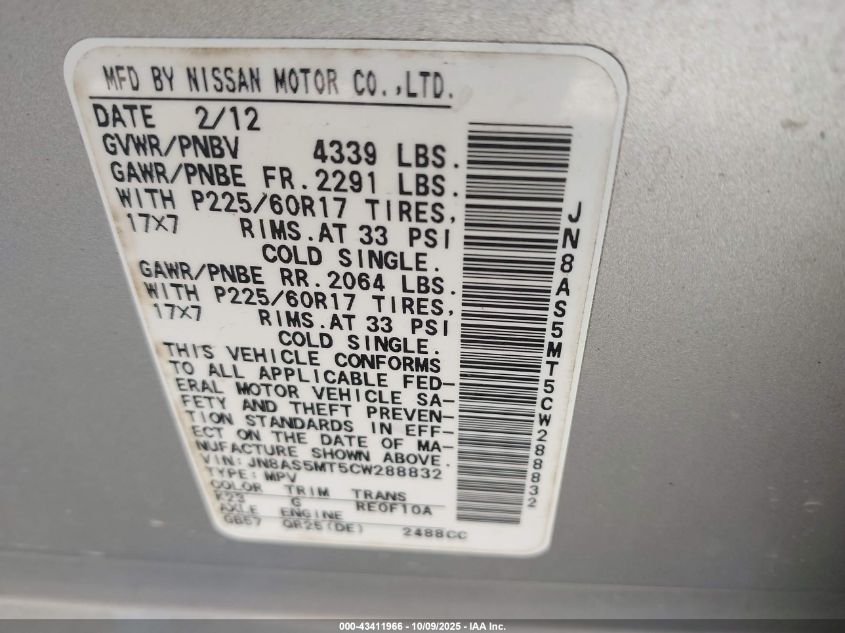 2012 Nissan Rogue Sv VIN: JN8AS5MT5CW288832 Lot: 43411966