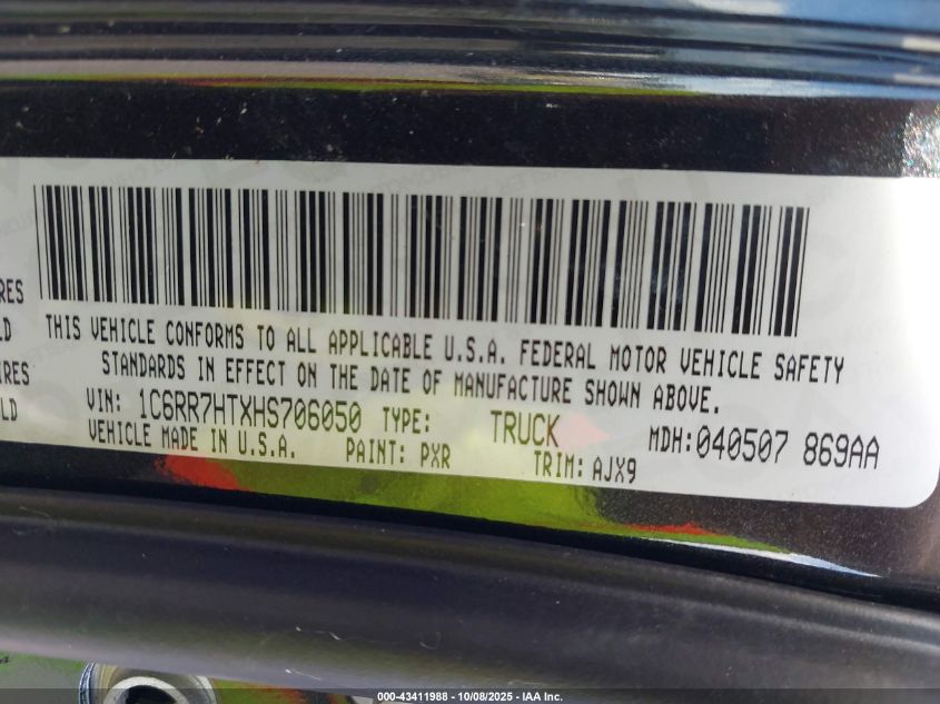 2017 Ram 1500 Night 4X4 6'4 Box VIN: 1C6RR7HTXHS706050 Lot: 43411988