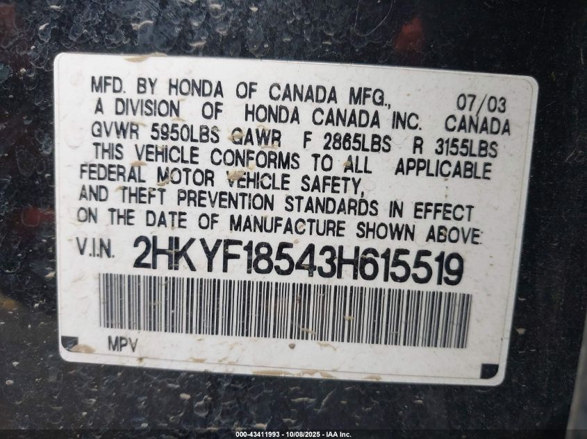 2003 Honda Pilot Ex-L VIN: 2HKYF18543H615519 Lot: 43411993