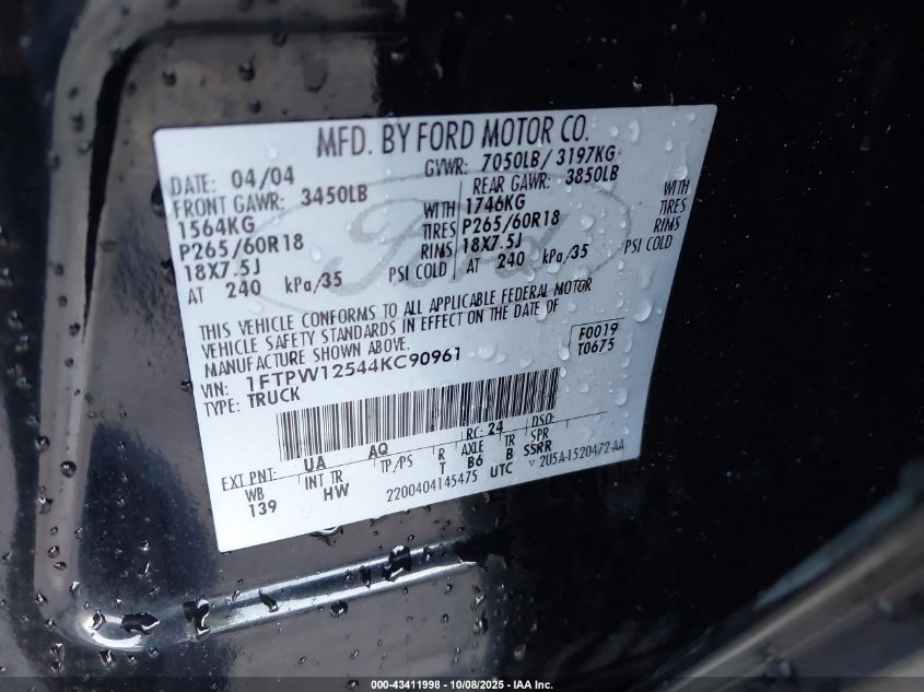 2004 Ford F-150 Lariat/Xlt VIN: 1FTPW12544KC90961 Lot: 43411998