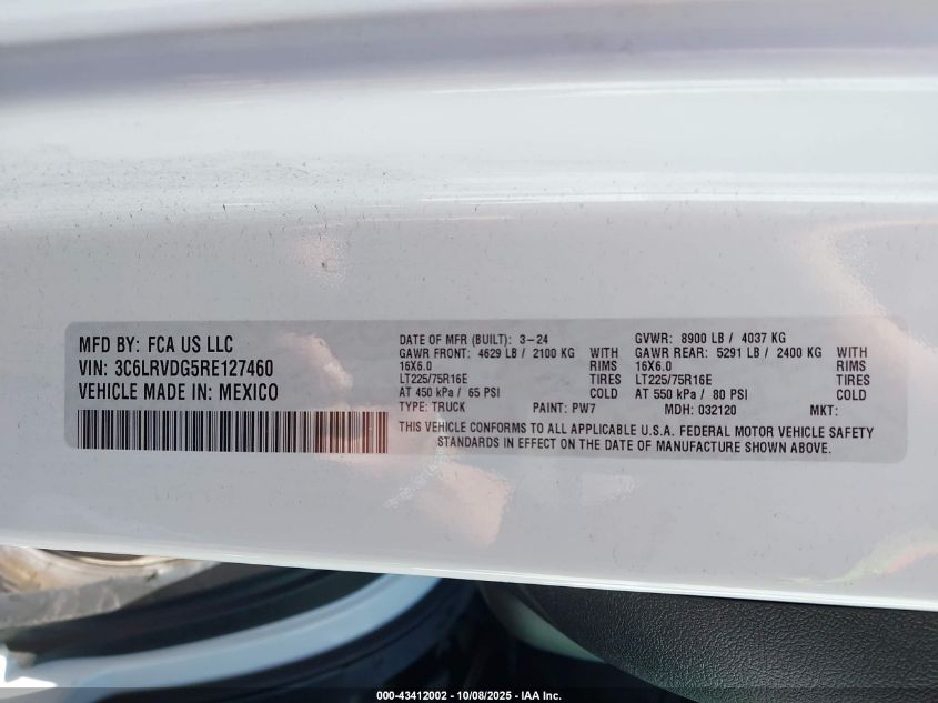 2024 Ram Promaster 2500 Tradesman High Roof 159 Wb W/Pass Seat VIN: 3C6LRVDG5RE127460 Lot: 43412002