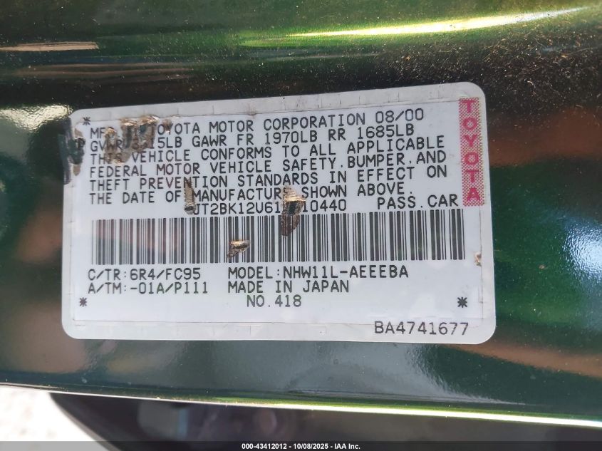 2001 Toyota Prius VIN: JT2BK12U610010440 Lot: 43412012