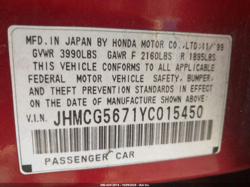 2000 Honda Accord 2.3 Se VIN: JHMCG5671YC015450 Lot: 43412014