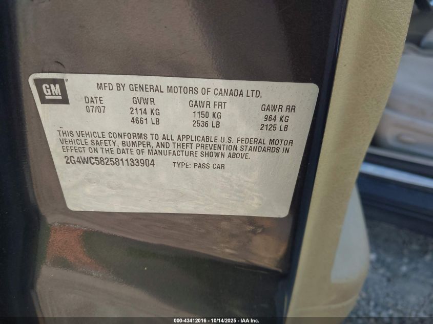 2008 Buick Lacrosse Cx VIN: 2G4WC582581133904 Lot: 43412016
