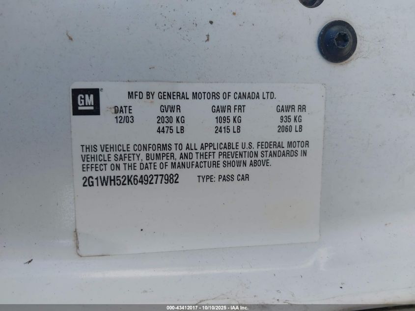 2004 Chevrolet Impala Ls VIN: 2G1WH52K649277982 Lot: 43412017