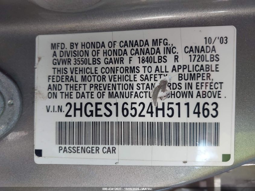 2004 Honda Civic Lx VIN: 2HGES16524H511463 Lot: 43412023