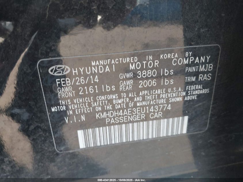 2014 Hyundai Elantra Se VIN: KMHDH4AE3EU143774 Lot: 43412025